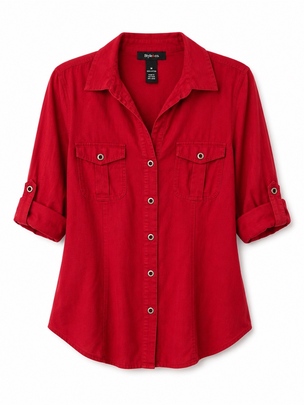 Style & Co Women Button Front Utility Shirt Red Roll Tab Sleeve Medium